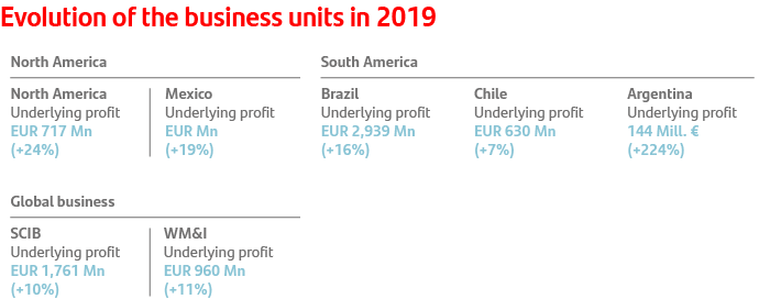 Evolution of the business units in 2019: North America: USA +24%, Mexico +19%. South America: Brazil +16%, Chile +7%, Argentina +224%. Global business: SCIB +10%, WM&I +11%.