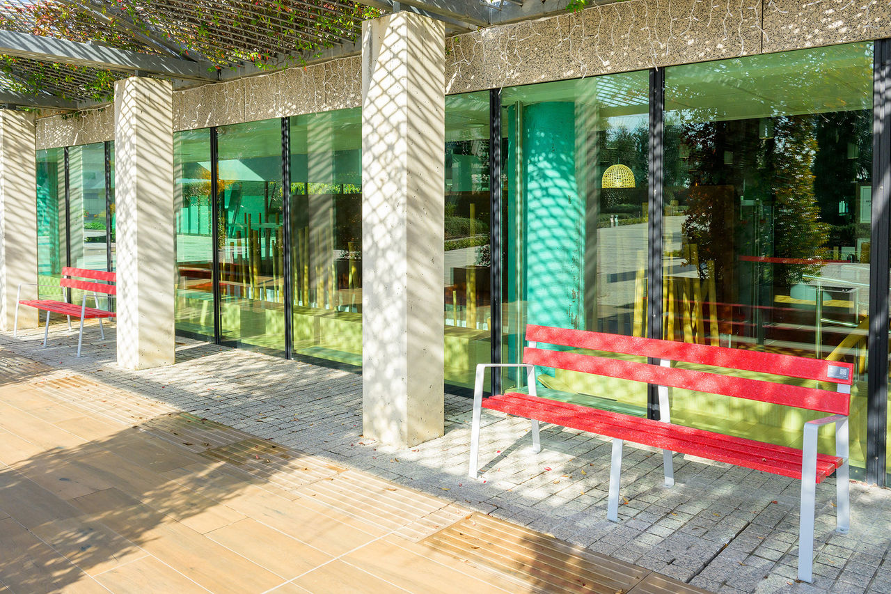 Benches manufactured from recycled cards at Santander Group City. 