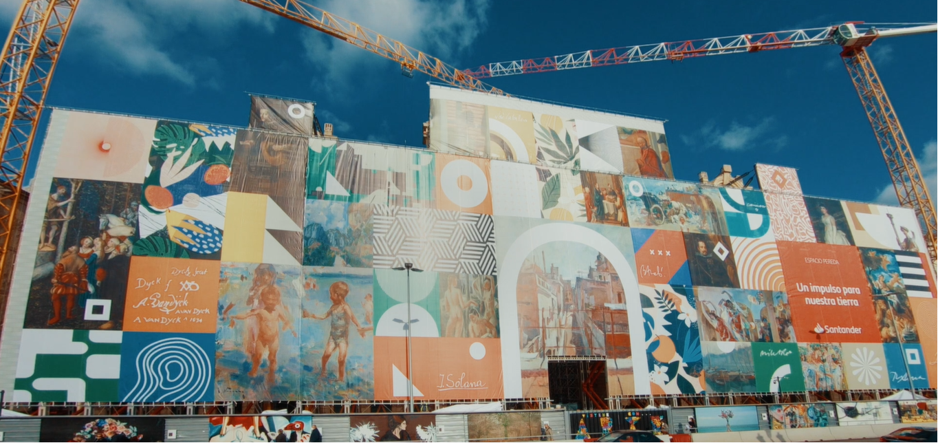Santander displays a canvas on the façade of the Espacio Pereda showing  works in the Banco Santander Collection
