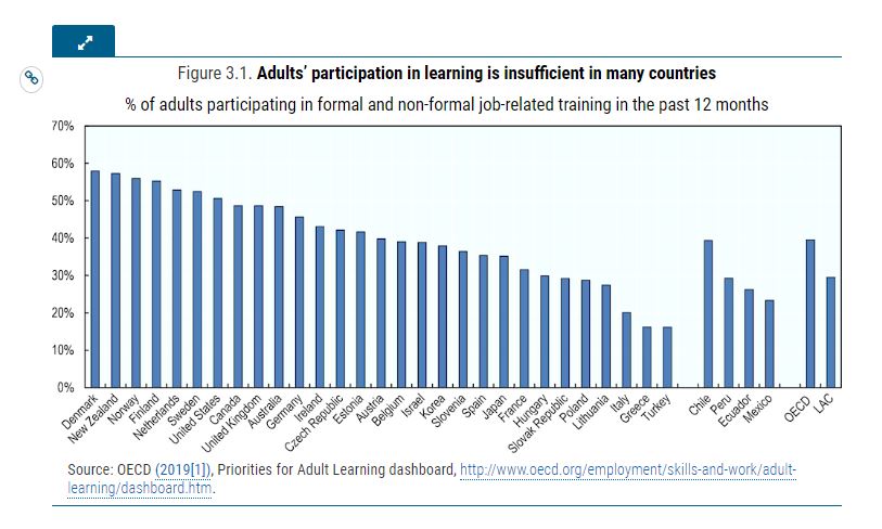 % of adults participating in formal and non-formal job- related training in the past 12 months 