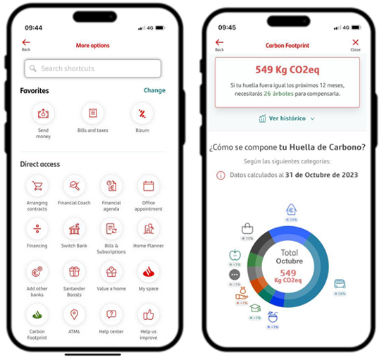 Ejemplo de servicio de medición de huella de carbono en la <em>app </em>de banca digital de Santander España.